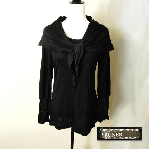 ERUNER 2-pc Set Black Tunic Long Sleeved Round Neck w/ matching Scarf M-L - Picture 3 of 15